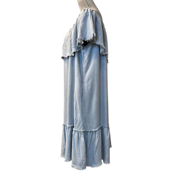 Umgee Dress Womens Large Blue Linen Chambray Off Shoulder Ruffled Side Pockets - Picture 4 of 9